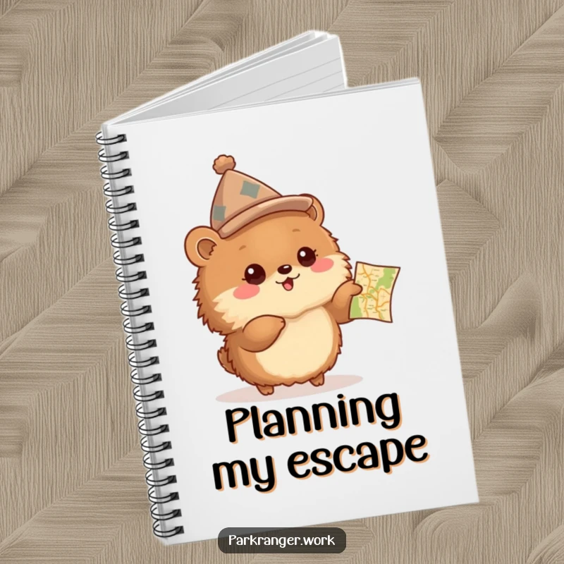 Funny Notebook featuring a fluffy brown animal in a peaked hat, excitedly pointing at a small map, perfect for planning.