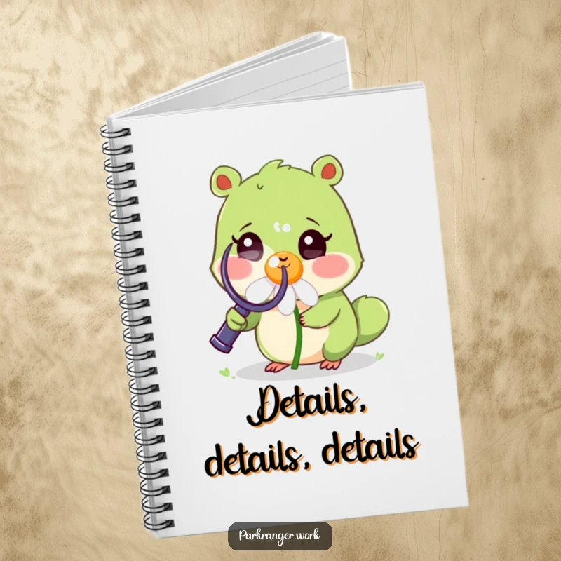 Funny Notebook featuring a small green animal with a magnifying glass examining a cheerful, smiling daisy, perfect for journaling.