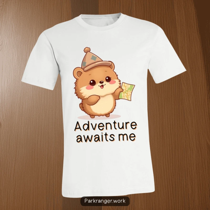 Funny T-Shirt of a fluffy brown animal with a peaked hat, excitedly pointing at a small map, perfect for adventurers.