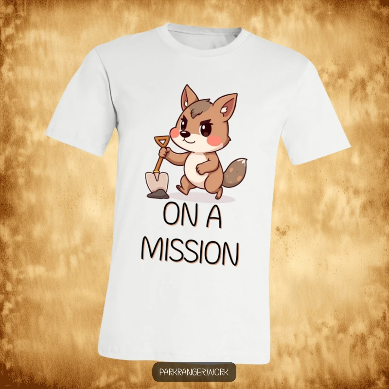 Funny animal in a determined forward lean, carrying a small shovel, on an inspiring t-shirt.