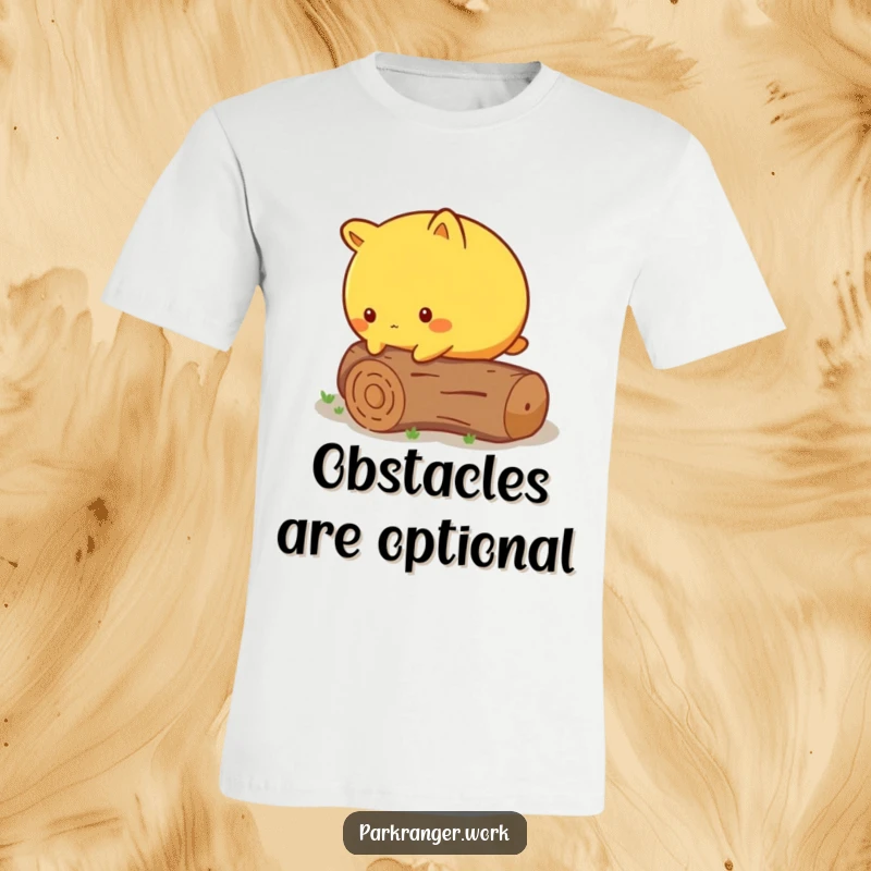 Funny T-Shirt of a round yellow animal cautiously stepping over a fallen, miniature log, perfect for the mindful.
