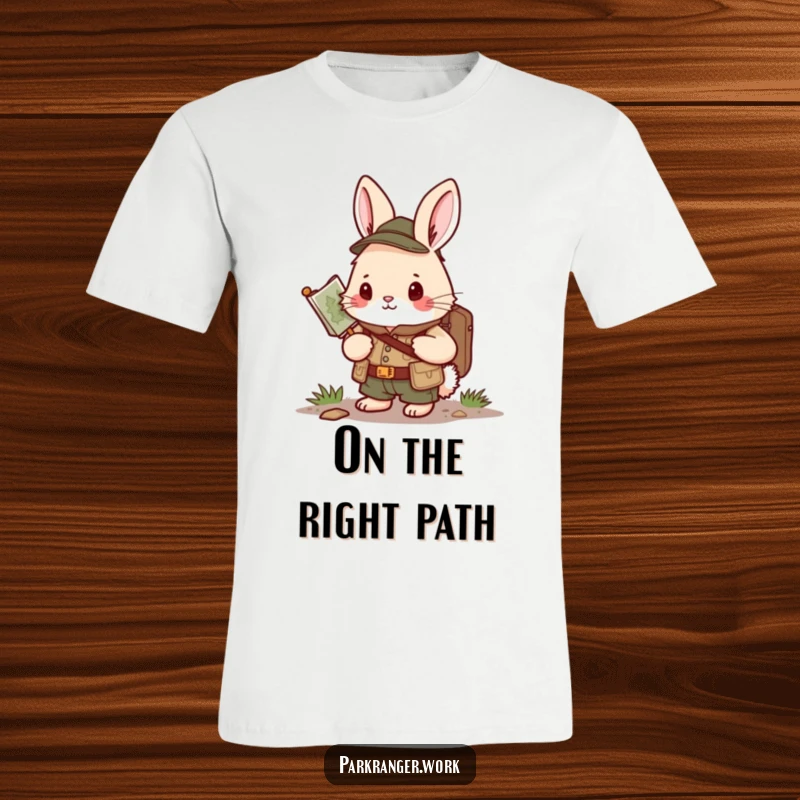 Funny Bunny Ranger T-Shirt: A determined bunny in a ranger uniform carries a map, focused on the path ahead.