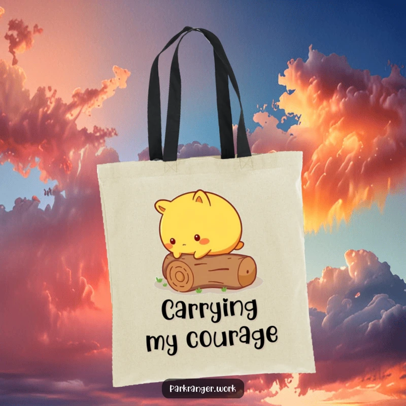 Funny Tote Bag of a round yellow animal cautiously stepping over a fallen, miniature log, ideal for carrying essentials.