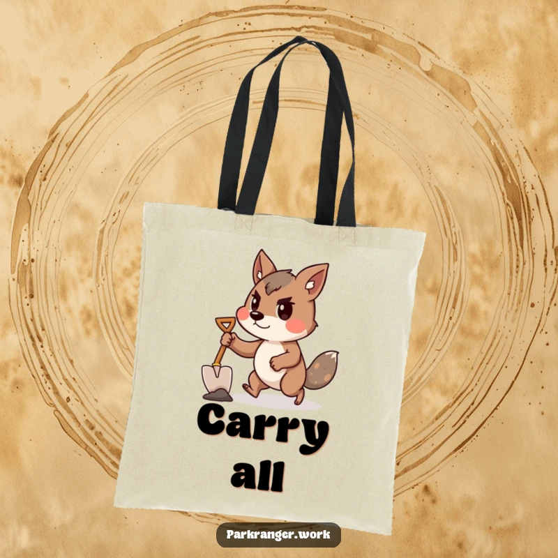 Funny animal with a shovel, captured in a determined forward lean, on a durable tote bag.