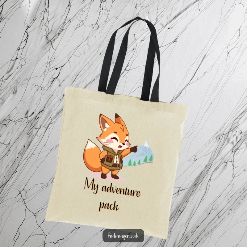 Funny Fox Ranger Tote Bag: A cheerful fox sprite in ranger gear points towards a mountain, ready for any journey.