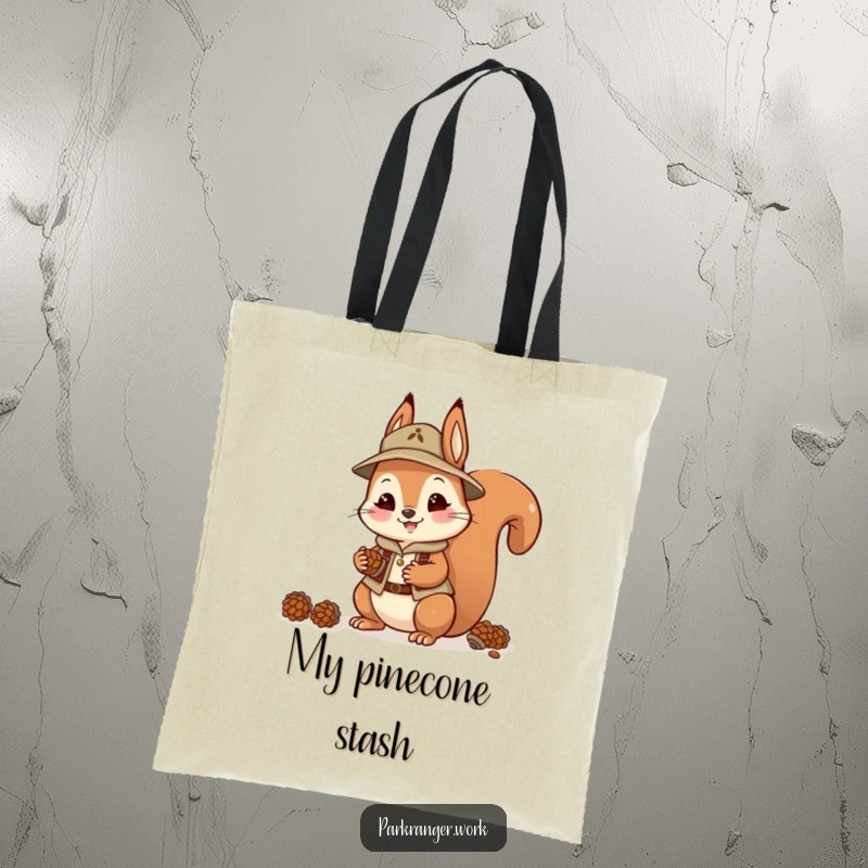 Funny Squirrel Ranger Tote Bag: A happy squirrel in ranger gear is collecting pinecones, ready to carry finds.